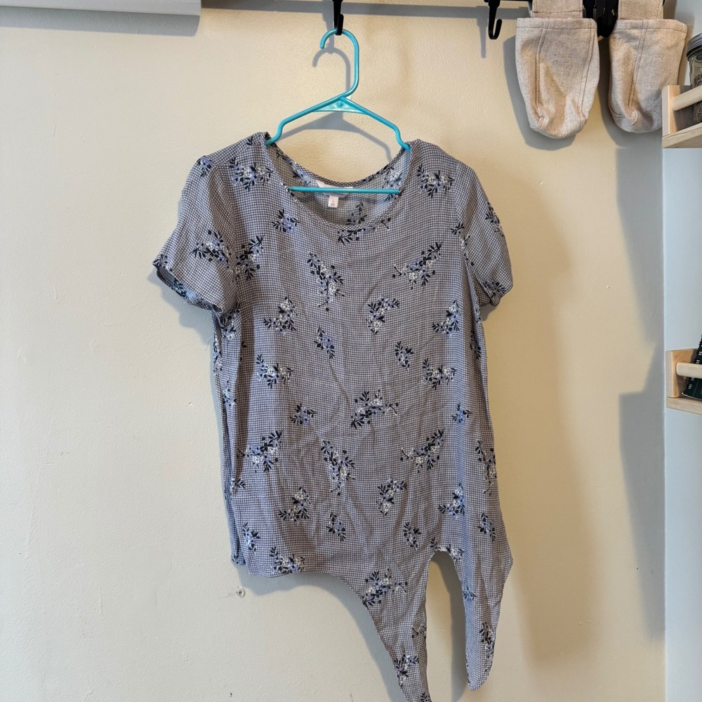 Women's Size L Tie Front Blouse Top Short Sleeve Gingham Floral Cottagecore Boho